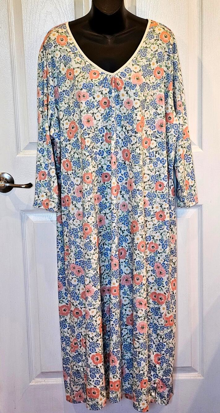 LL Bean Womens 3X Blue Floral Cotton Nightgown 3/4 Sleeve Sleepwear